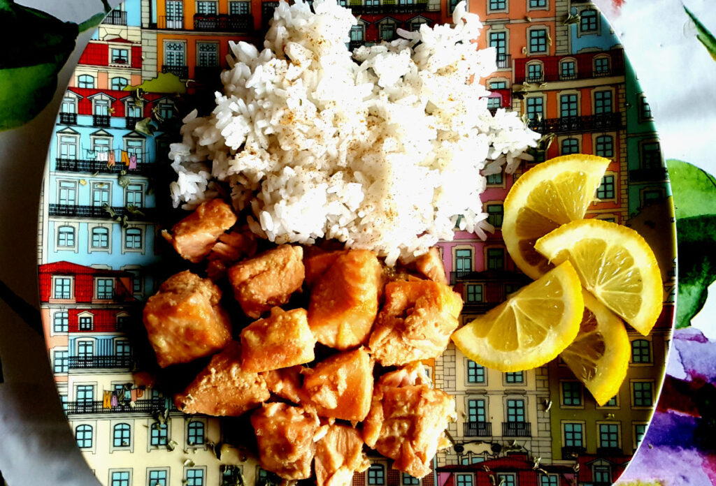 Salmon marinado con miel y salsa de soja
